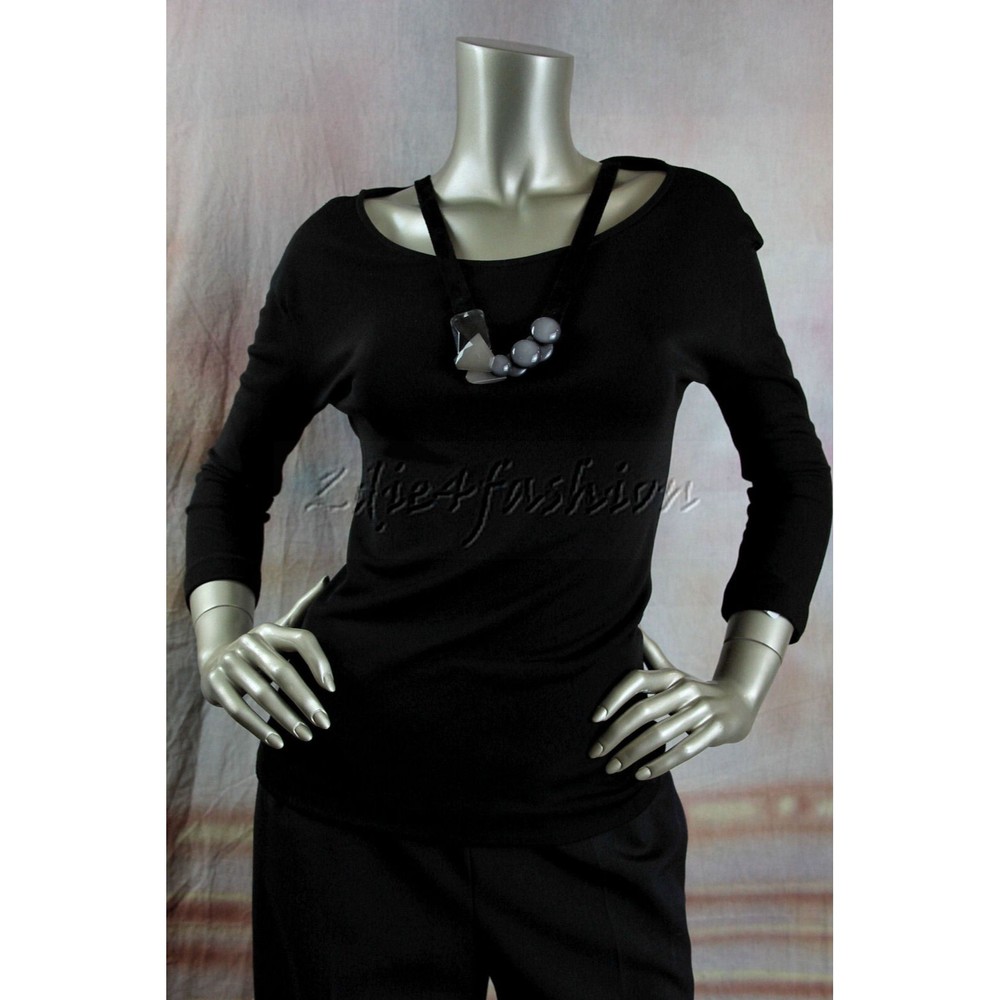 $825 NWT PIAZZA SEMPIONE Black Beaded Necklace Stretchy Shirt Top 4